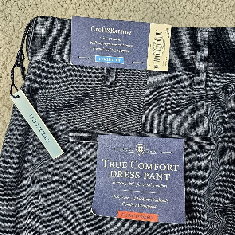 Croft & Barrow Pants Mens 38x29* Blue Flat Front Comfort Classic Fit Dress Slack